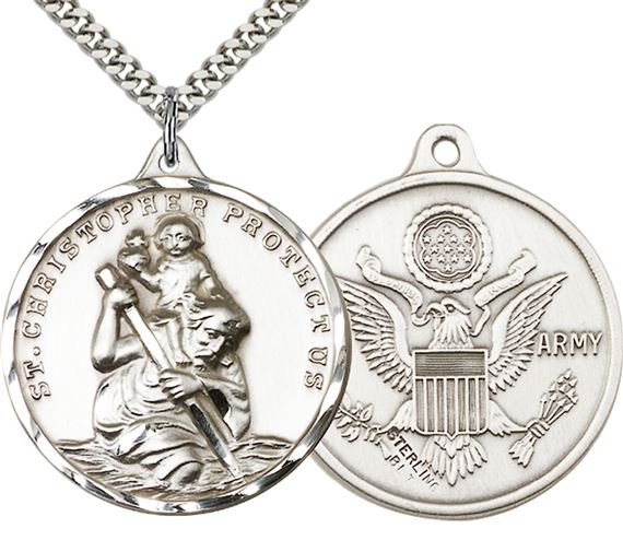 STERLING SILVER ST CHRISTOPHER PENDANT ON A CHAIN - 1 1/4" x 1 1/4"